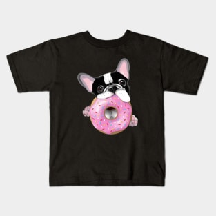 French bulldog lovers, sweet frenchie black and white with pink donuts Kids T-Shirt